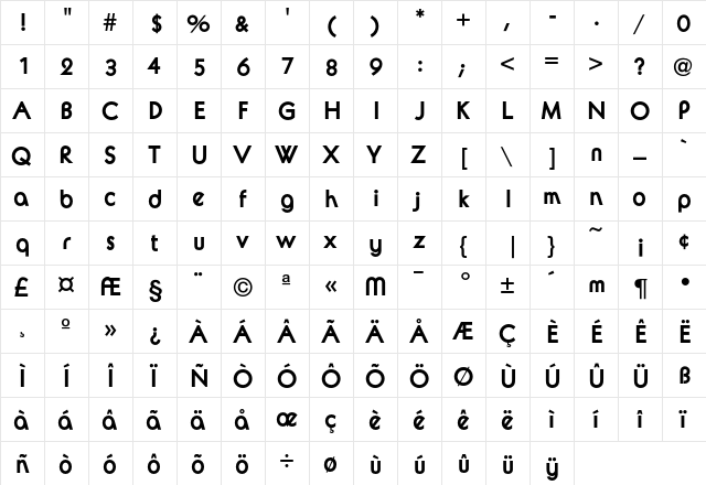 Avalon Bold  glyph index