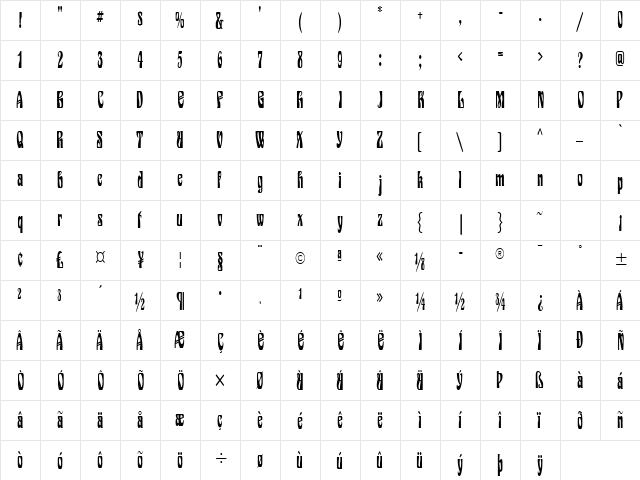 Epic Thin Normal  glyph index