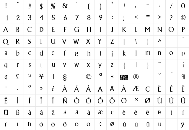 AlbertaLight Regular  glyph index