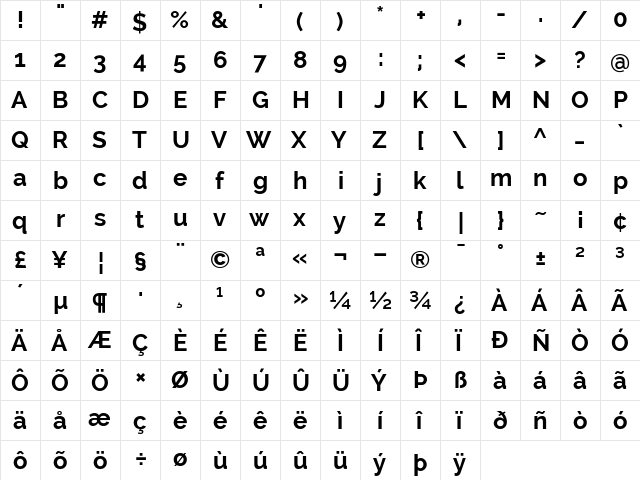 Raleway Bold  glyph index