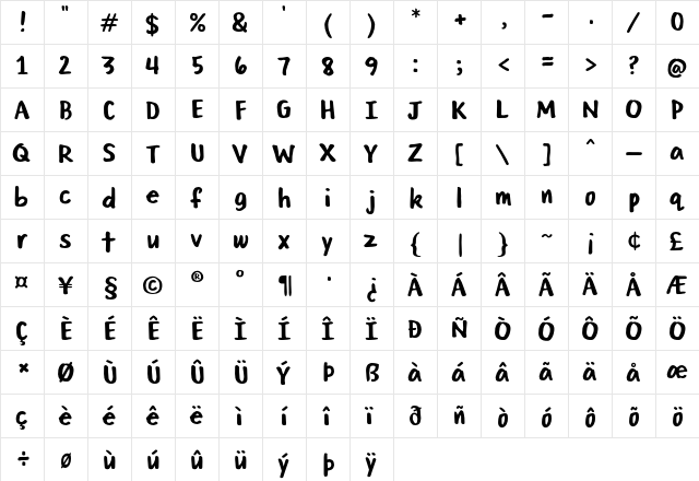 Mega Marker Regular  glyph index