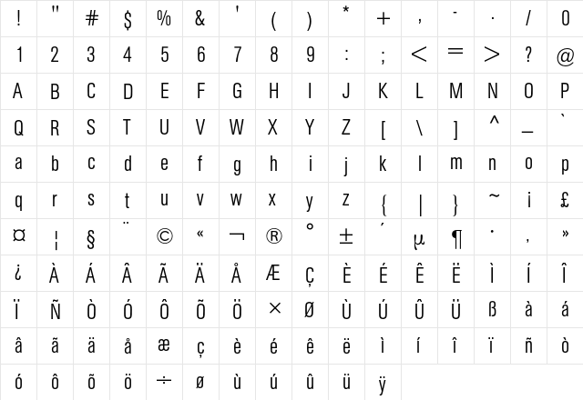AG Buch Condensed BQ Regular  glyph index