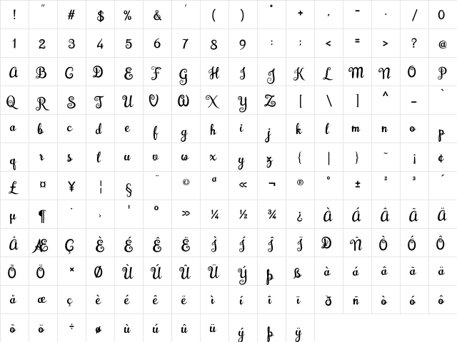 Brazilian Script Fill Regular  glyph index