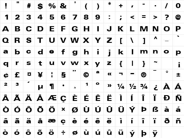 NovaBlackExpandedSSK Regular  glyph index