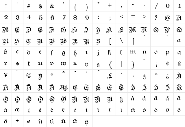 KanzleiLight Regular  glyph index