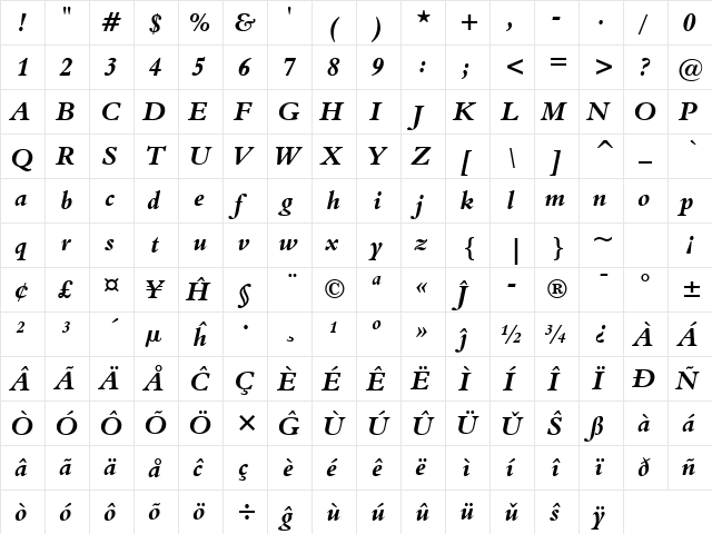 Aldine401 BT Eo Bold Italic  glyph index