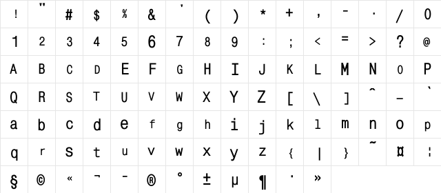 MonoCondensedZoomC Bold  glyph index