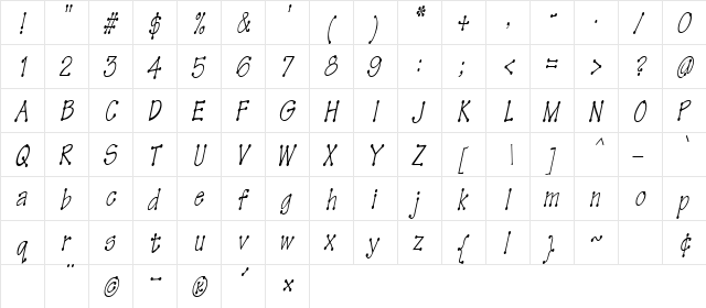 TinkerToyCondensed Oblique  glyph index