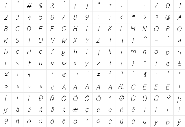 Cicle Fina Italic  glyph index