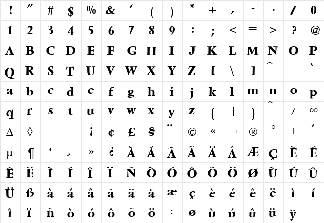 VendomeTwo Bold  glyph index