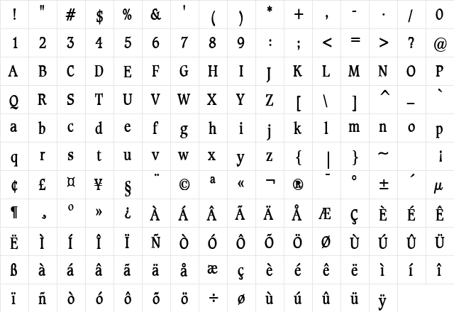 Clayton Condensed Bold  glyph index