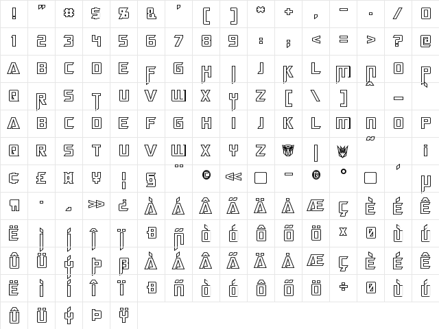 Megatron Hollow Regular  glyph index