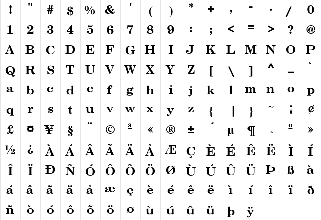 BackRoad Bold Regular  glyph index