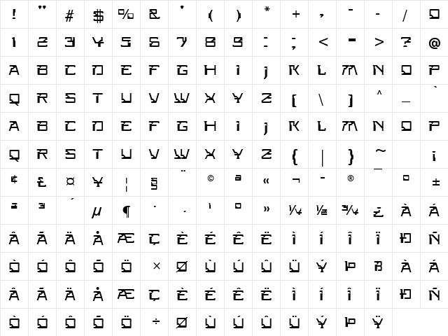 Galaxy Run Regular  glyph index