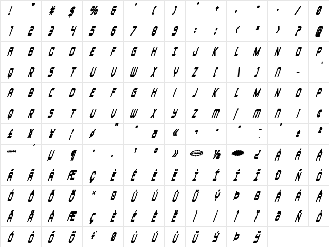 Blizzard Shaft Heavy SuperItal Regular  glyph index