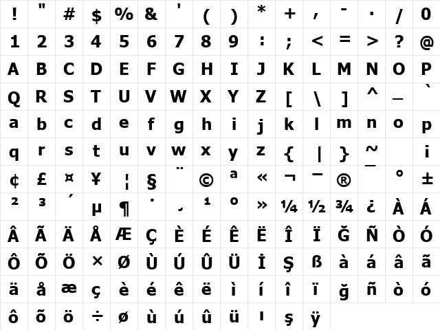 TR Tahoma Bold Bold  glyph index