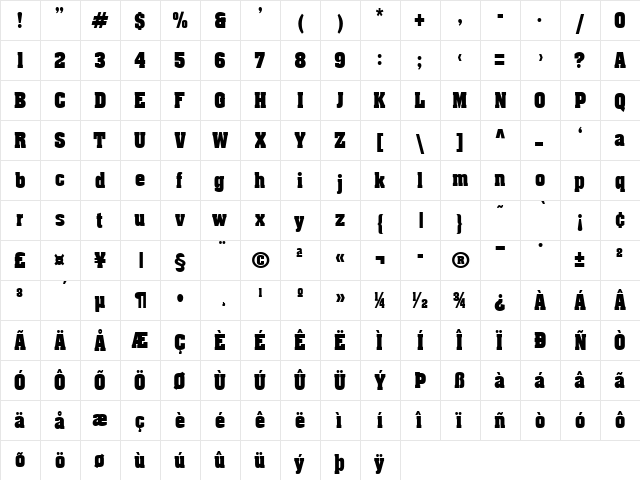 ApexCondensed Heavy  glyph index