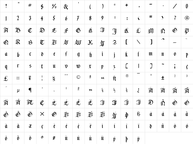 BlackKnightFLF Regular  glyph index