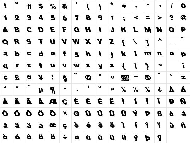 PhinsterLeftyHeavy Regular  glyph index