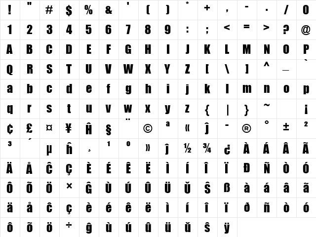 Impact Eo Regular  glyph index