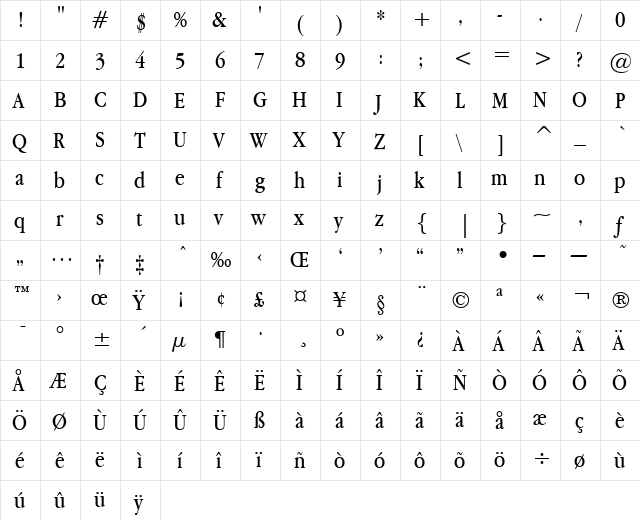 Apple Garamond BT Book  glyph index