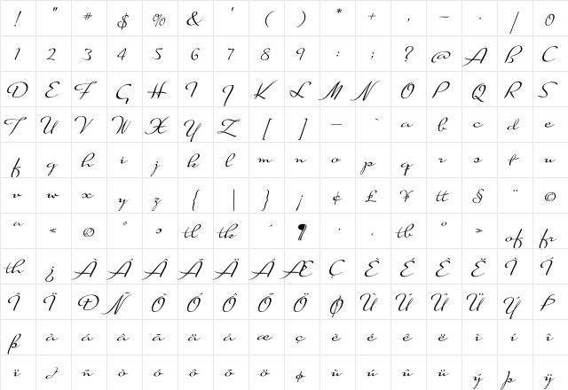 Suave Script Regular  glyph index