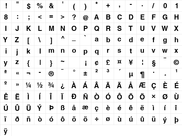 Helvetica World Bold  glyph index