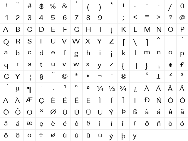 JeffBeckerExtended Regular  glyph index