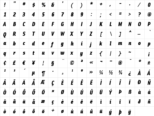 SolexBlackLiningItalic Regular  glyph index