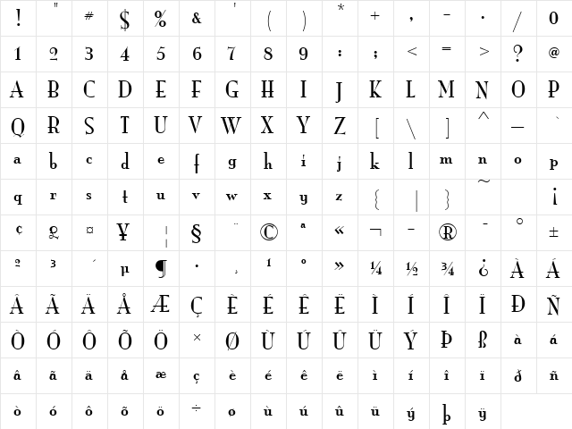 Mona Lisa Solid ITC TT Regular  glyph index