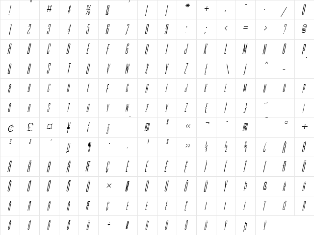 Slim-Jim Italic  glyph index