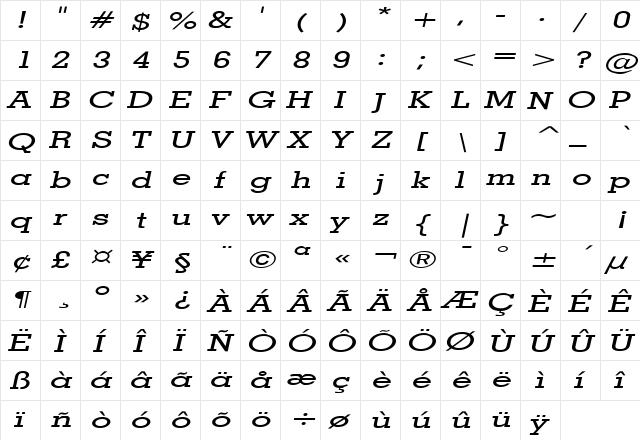 Geo Extended Italic  glyph index