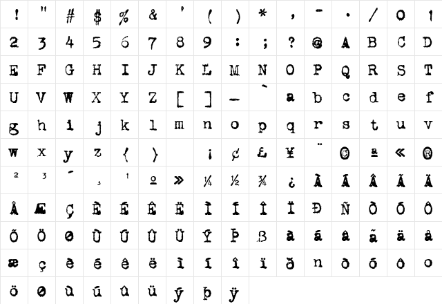 VintageTypewriter Corona  glyph index