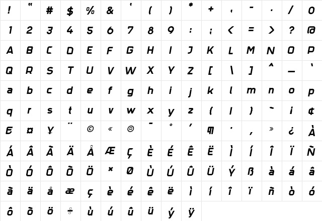 Trak Bold  glyph index
