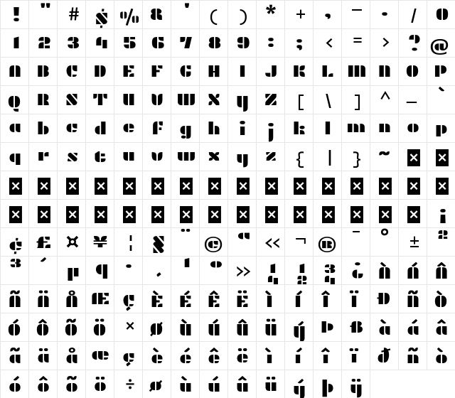 Plaster Regular  glyph index