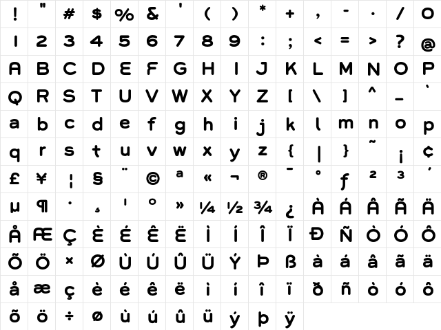 Grover Bold  glyph index