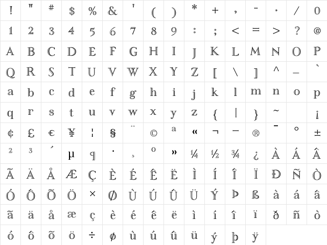 Felina SerifInline Regular  glyph index