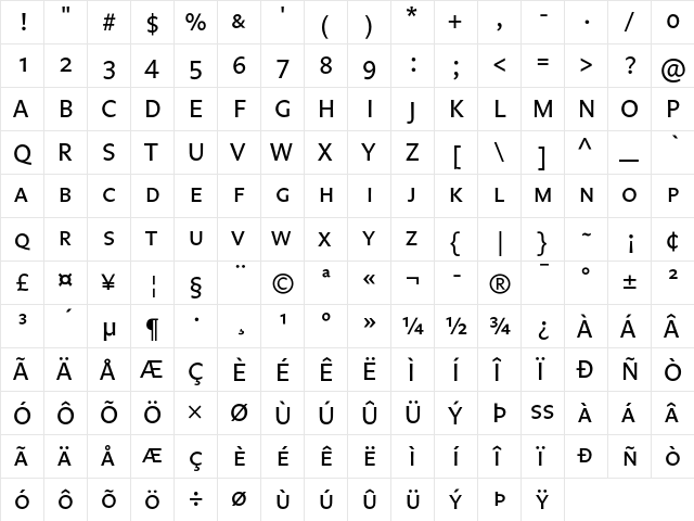 Legato SC Regular  glyph index