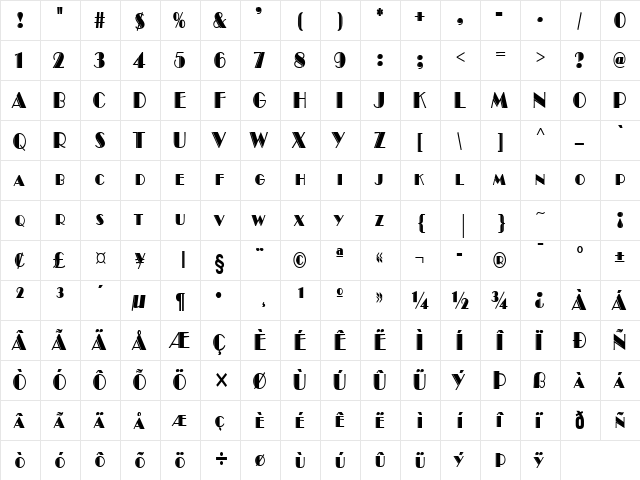 Brando Engraved Condensed Bold  glyph index