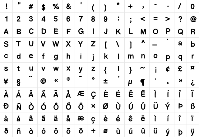 Comic Helvetic Medium  glyph index
