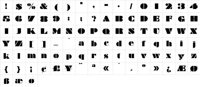 MBraggadocio Regular  glyph index