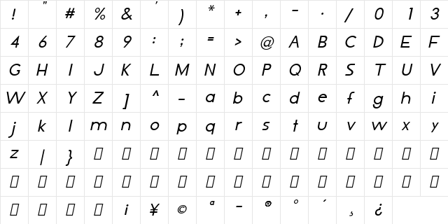 LJ Design Studios IS Italic  glyph index