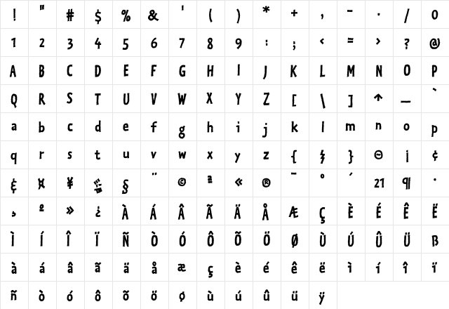Kosmik BoldOne  glyph index