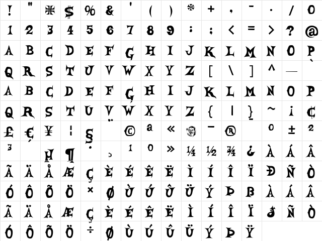 SheCreature Regular  glyph index