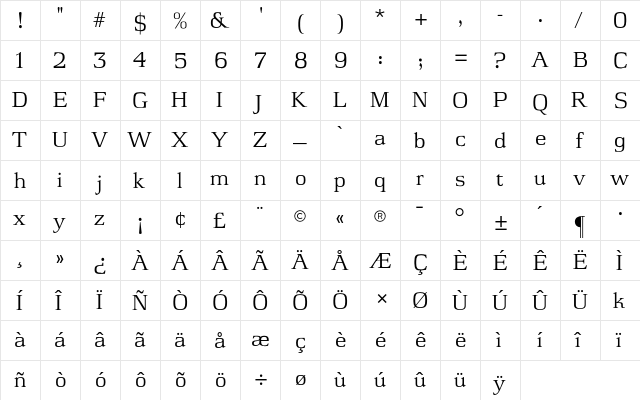 Jasper CG Regular  glyph index