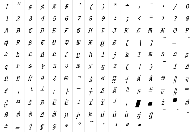 OldeWorld-Bold Italic Italic  glyph index