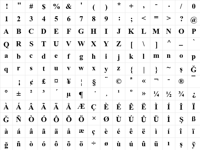 Times2 New Roman Bold Turkce  glyph index