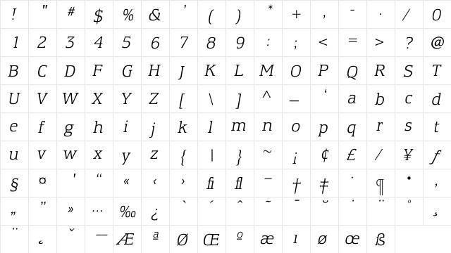 EquestrienneLightItalic Regular  glyph index