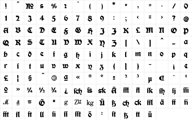 Moderne Fette Schwabacher Regular  glyph index