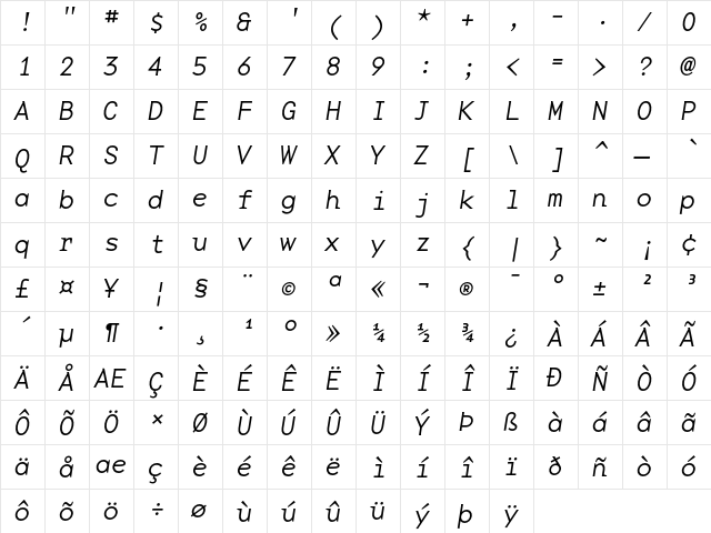 BaseMono WideThinItalic  glyph index